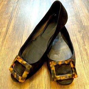 Roger Vivier Black Suede Tortoiseshell Buckle Ballerina Flats Shoes Holidays 6
